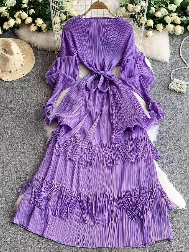 Miyake Heavy Industries, плиссированное длинное платье со шнуровкой и бахромой, юбка-тортик, дизайн с длинными рукавами, узкие платья, новинка 2023 года
Miyake Heavy Industries, плиссированное длинное платье со шнуровкой и бахромой, юбка-тортик, дизайн с длинными рукавами, узкие платья, новинка 2023 года