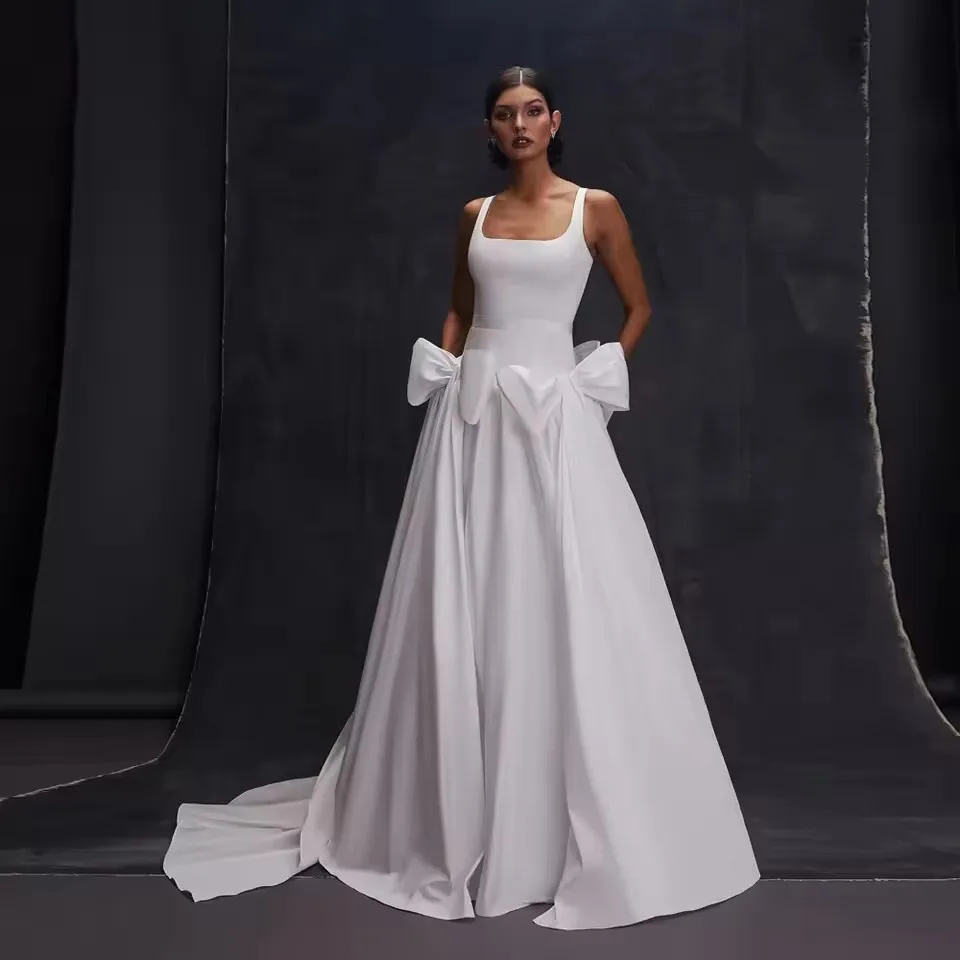 Cute Bow And Pockets Square Neckline Modest Wedding Gowns Bridal Dress With Elegant Pure White A-line Long Satin Formal Dresses
Cute Bow And Pockets Square Neckline Modest Wedding Gowns Bridal Dress With Elegant Pure White A-line Long Satin Formal Dresses