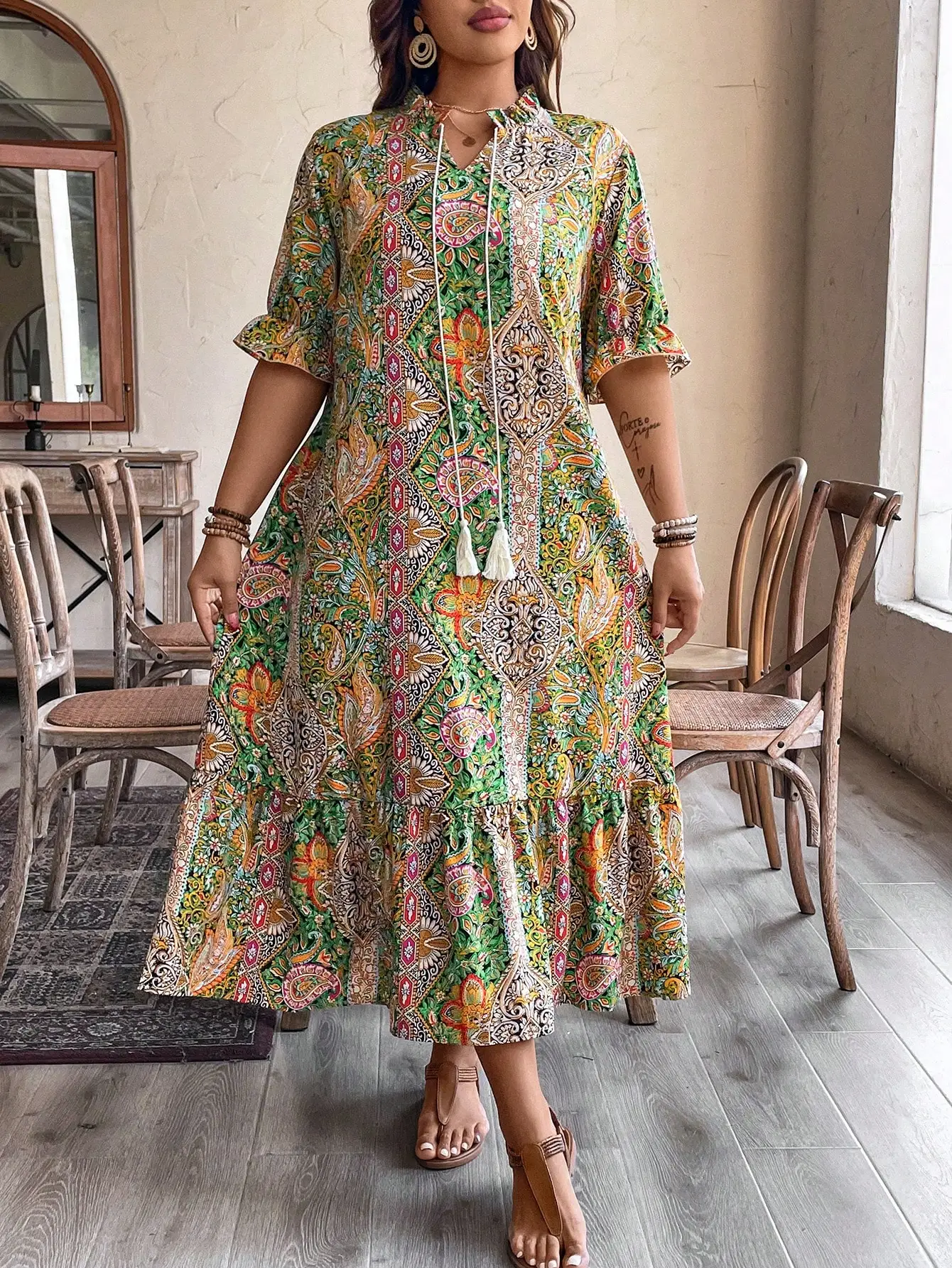 Boho Paisley Print Mid-Sleeve Tiered Dress For Women Summer
Boho Paisley Print Mid-Sleeve Tiered Dress For Women Summer