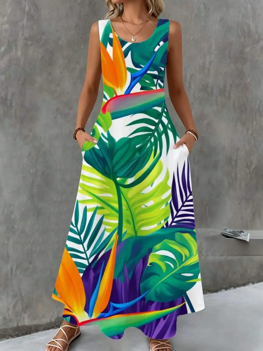 Tropical Print Maxi Dress Multicolor Palm Leaf Bird Of Paradise Summer Beach Vacation Wear
Tropical Print Maxi Dress Multicolor Palm Leaf Bird Of Paradise Summer Beach Vacation Wear