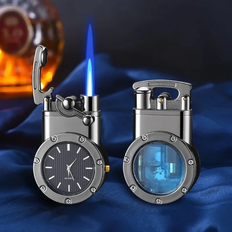 Metal Transparent Window Rocker Arm Watch Lighter Windproof Jet Flame Butane Inflatable Portable Cigar Lighter Men's Gift
Metal Transparent Window Rocker Arm Watch Lighter Windproof Jet Flame Butane Inflatable Portable Cigar Lighter Men's Gift