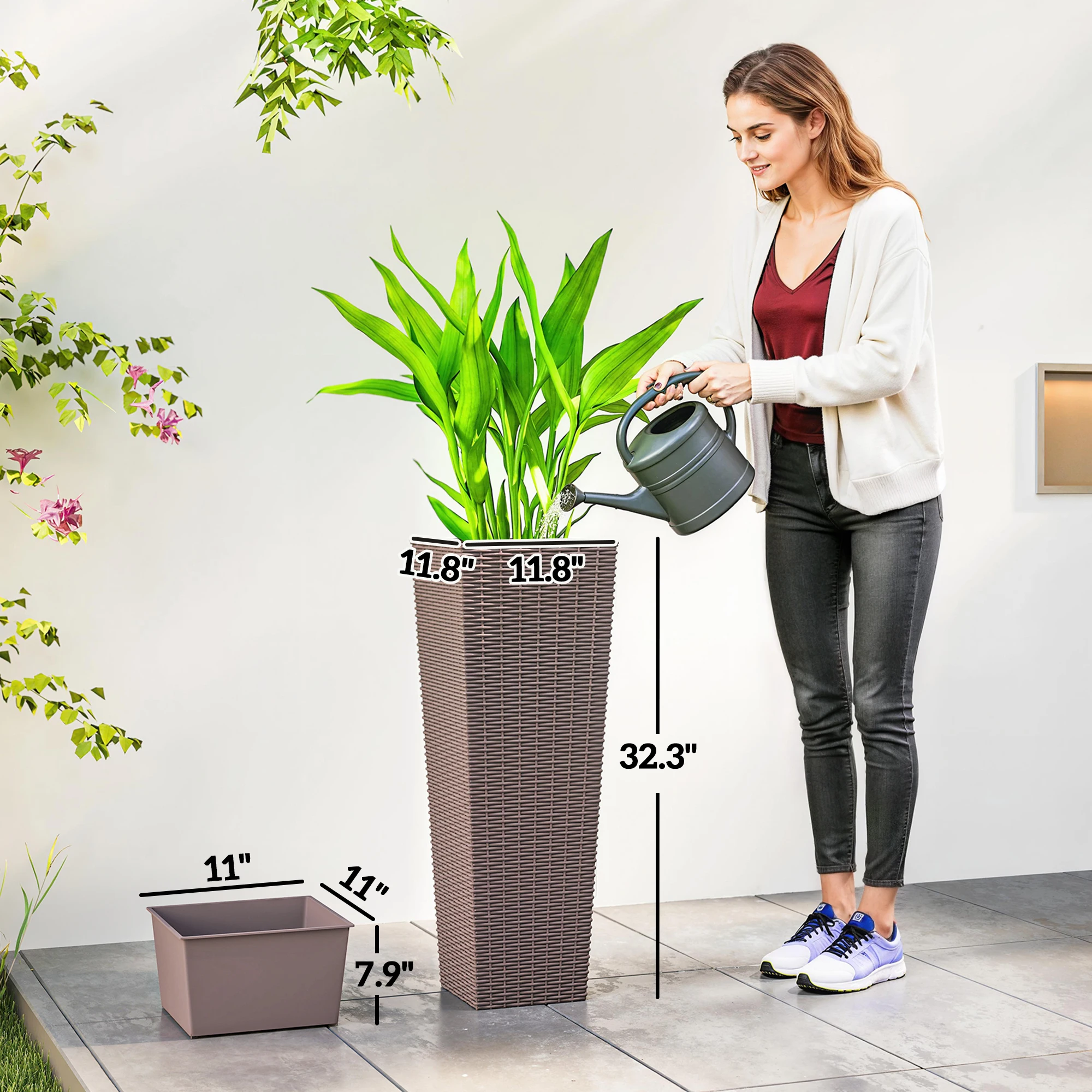 Set of 2 Brown 32 Inch Tall Outdoor Planters Plastic Flower Pots with Drainage Holes Rattan Look UV Resistant Stackable
Set of 2 Brown 32 Inch Tall Outdoor Planters Plastic Flower Pots with Drainage Holes Rattan Look UV Resistant Stackable