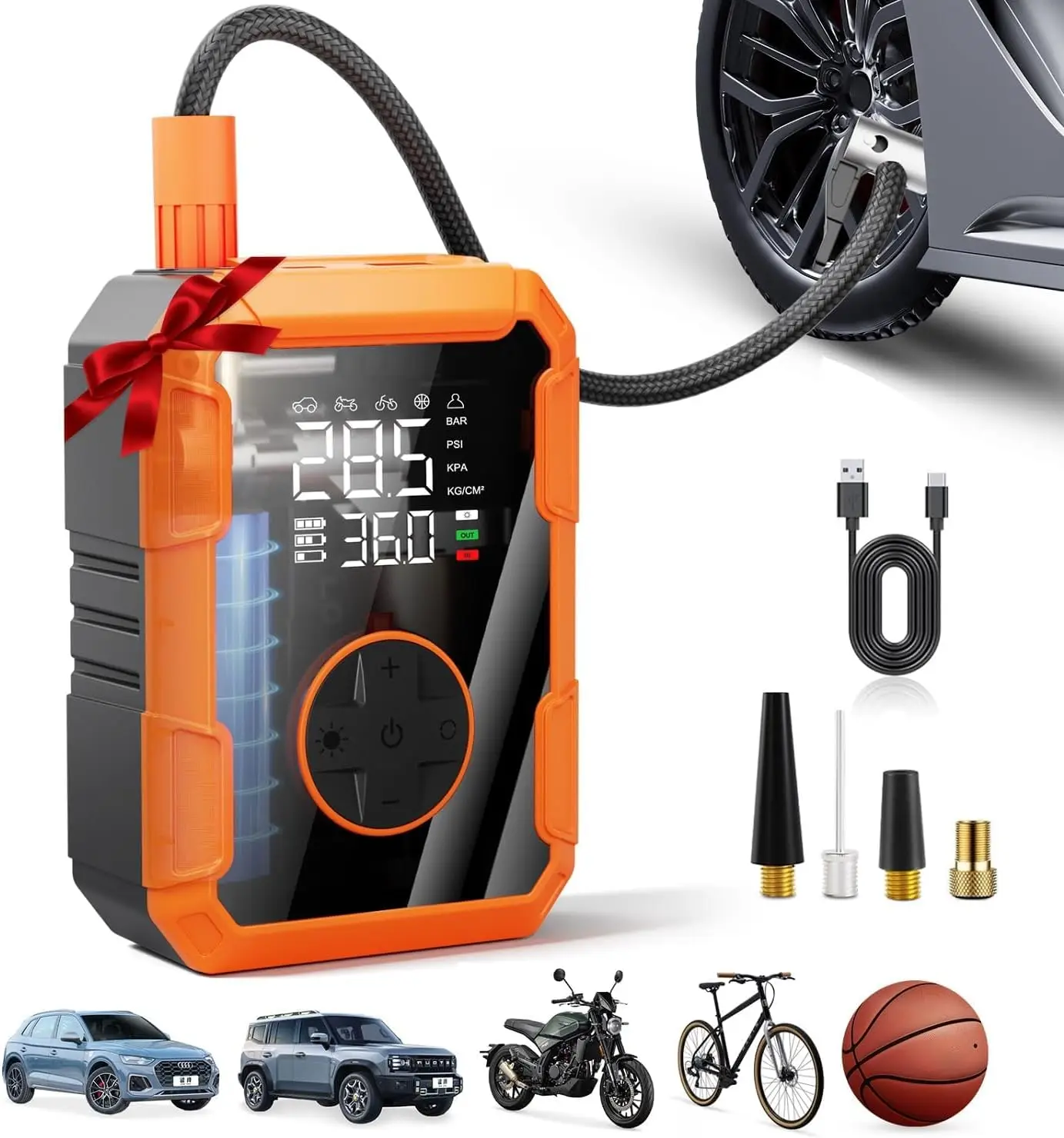 Cordless inflation pump with LED light, automatic power-off, pressure gauge, suitable for cars, bicycles, motorcycles, balls
Cordless inflation pump with LED light, automatic power-off, pressure gauge, suitable for cars, bicycles, motorcycles, balls