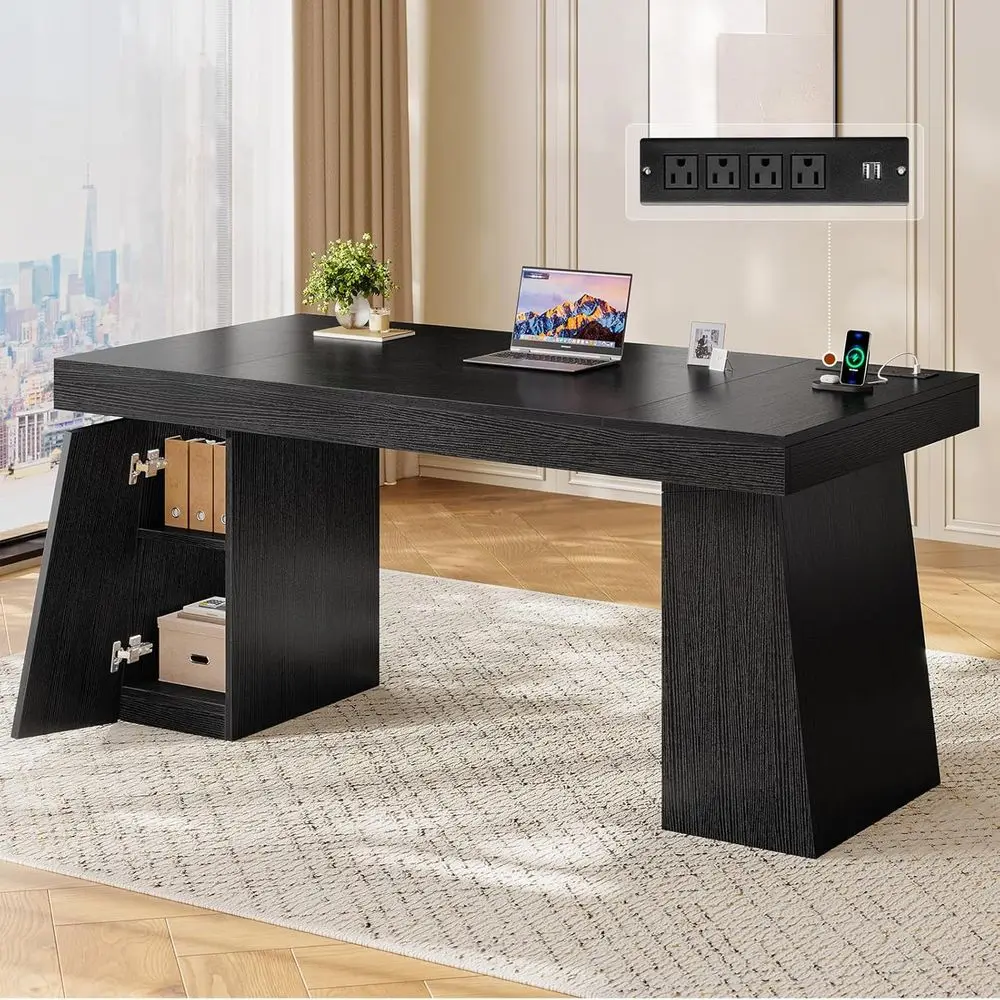 55.9 Inch Large Executive Office Desk with Power Outlets and Storage Cabinet, Black Wooden Computer Workstation Desk with Confer
55.9 Inch Large Executive Office Desk with Power Outlets and Storage Cabinet, Black Wooden Computer Workstation Desk with Confer