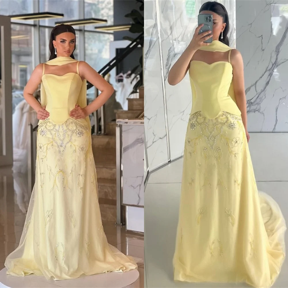 Customized Delicate Yellow Jersey Evening Dress Exquisite Square Collar Spaghetti Straps Sleeveless Ribbon Homecoming Dress
Customized Delicate Yellow Jersey Evening Dress Exquisite Square Collar Spaghetti Straps Sleeveless Ribbon Homecoming Dress