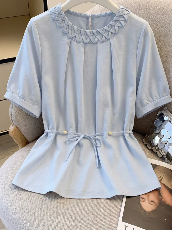 Chic Light Blue Short Sleeve T-Shirt Women's Summer New Style Big Size Fat MM Beaded Waist Cinched Top Korean Style Commute
Chic Light Blue Short Sleeve T-Shirt Women's Summer New Style Big Size Fat MM Beaded Waist Cinched Top Korean Style Commute