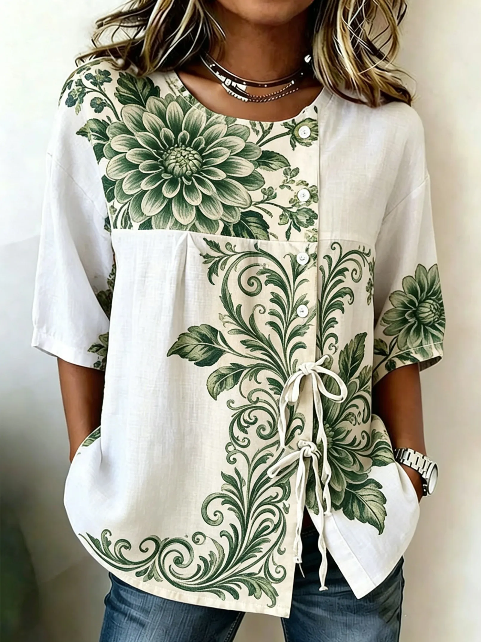 Women's Spring Summer Drawstring Blouse, Green Floral Scroll Print Casual Tops for Daily Street Holiday Dating & Leisure Outfit
Women's Spring Summer Drawstring Blouse, Green Floral Scroll Print Casual Tops for Daily Street Holiday Dating & Leisure Outfit