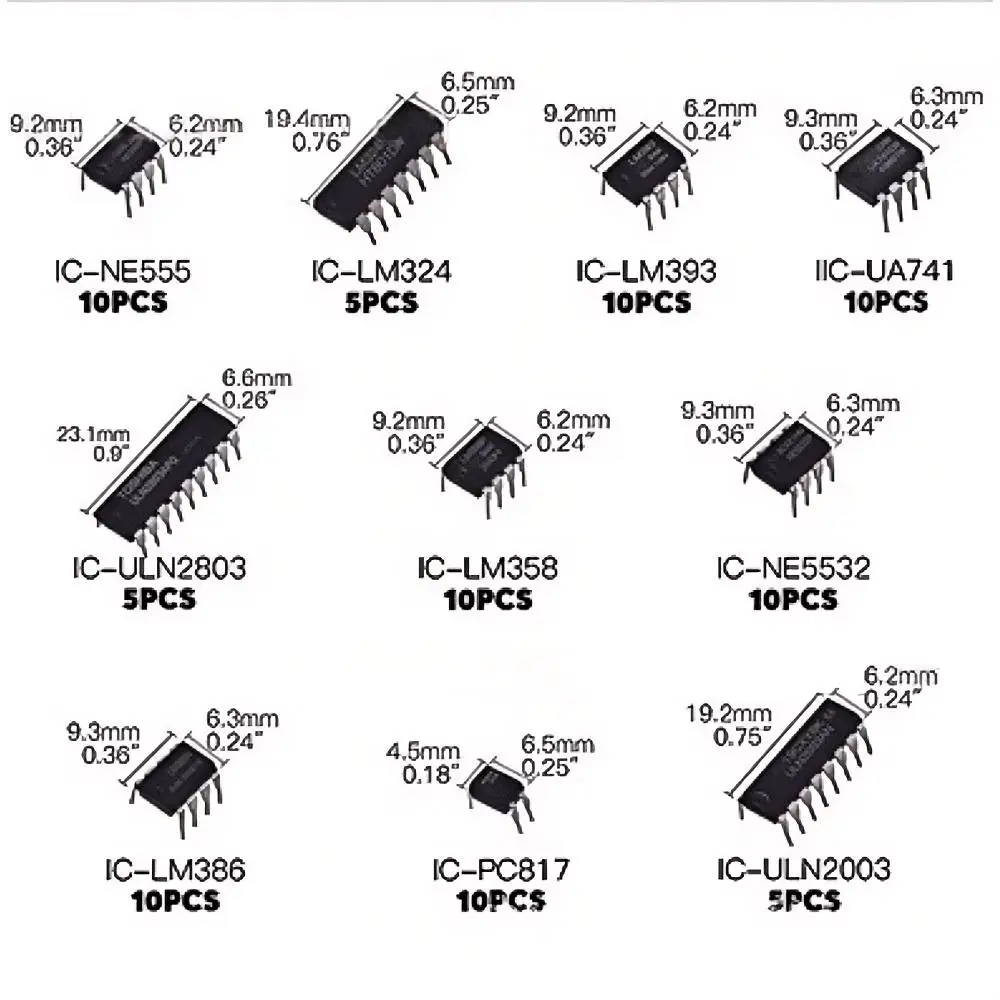 Integrated Circuit Chip Kit 10 Value IC Chip NE555 LM324 LM393 UA741 ULN2803 LM358 LM386 NE5532 ULN2003 PC817 Kit 85PCS/Box
Integrated Circuit Chip Kit 10 Value IC Chip NE555 LM324 LM393 UA741 ULN2803 LM358 LM386 NE5532 ULN2003 PC817 Kit 85PCS/Box