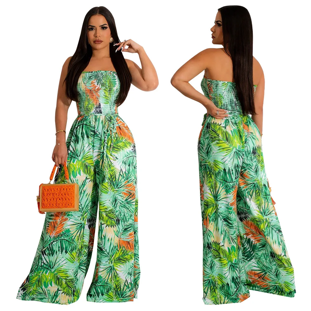 Women Leaf Printed Strapless Elastic Sleeveless Straight Wide Leg Jumpsuit 2024 INS Sexy Beach Playsuit One Piece Set
Women Leaf Printed Strapless Elastic Sleeveless Straight Wide Leg Jumpsuit 2024 INS Sexy Beach Playsuit One Piece Set