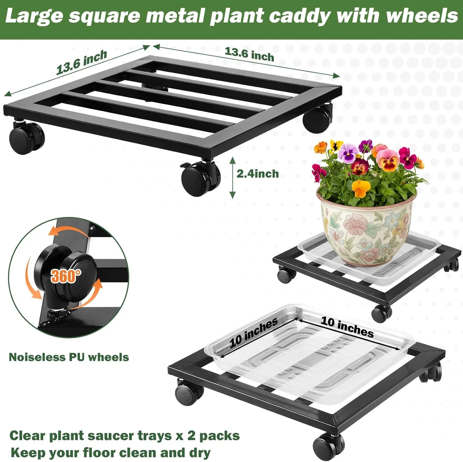 Made in China 2-Pack 13.6 Inch Square Wrought Iron Plant Caddy, Metal Planter Dolly with Movable PU Wheels for Garden Pot
Made in China 2-Pack 13.6 Inch Square Wrought Iron Plant Caddy, Metal Planter Dolly with Movable PU Wheels for Garden Pot