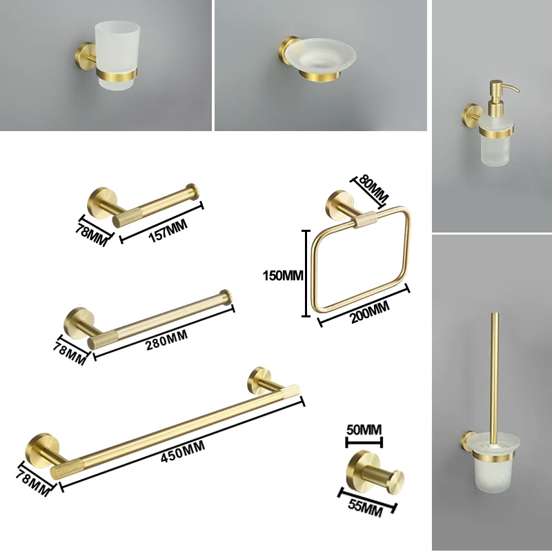 Brushed Gold Stainless Steel Wall-Mounted Towel Ring Pattern Towel Stick Single Hook Toilet Bathtub Soap Container Bathroom Set
Brushed Gold Stainless Steel Wall-Mounted Towel Ring Pattern Towel Stick Single Hook Toilet Bathtub Soap Container Bathroom Set