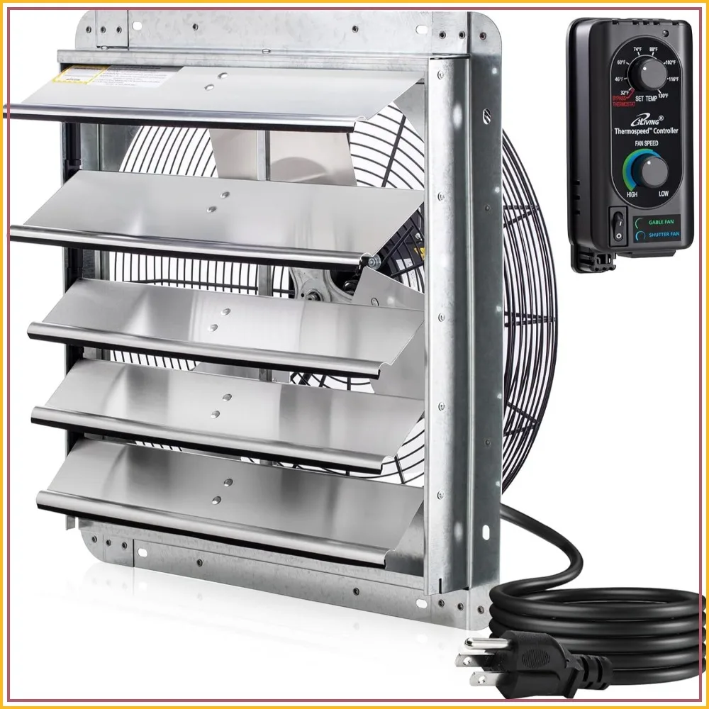 18" Wall Mounted Shutter Exhaust Fan, 1736 CFM, Variable Speed & Thermostat, 2600 sq ft Coverage
18" Wall Mounted Shutter Exhaust Fan, 1736 CFM, Variable Speed & Thermostat, 2600 sq ft Coverage