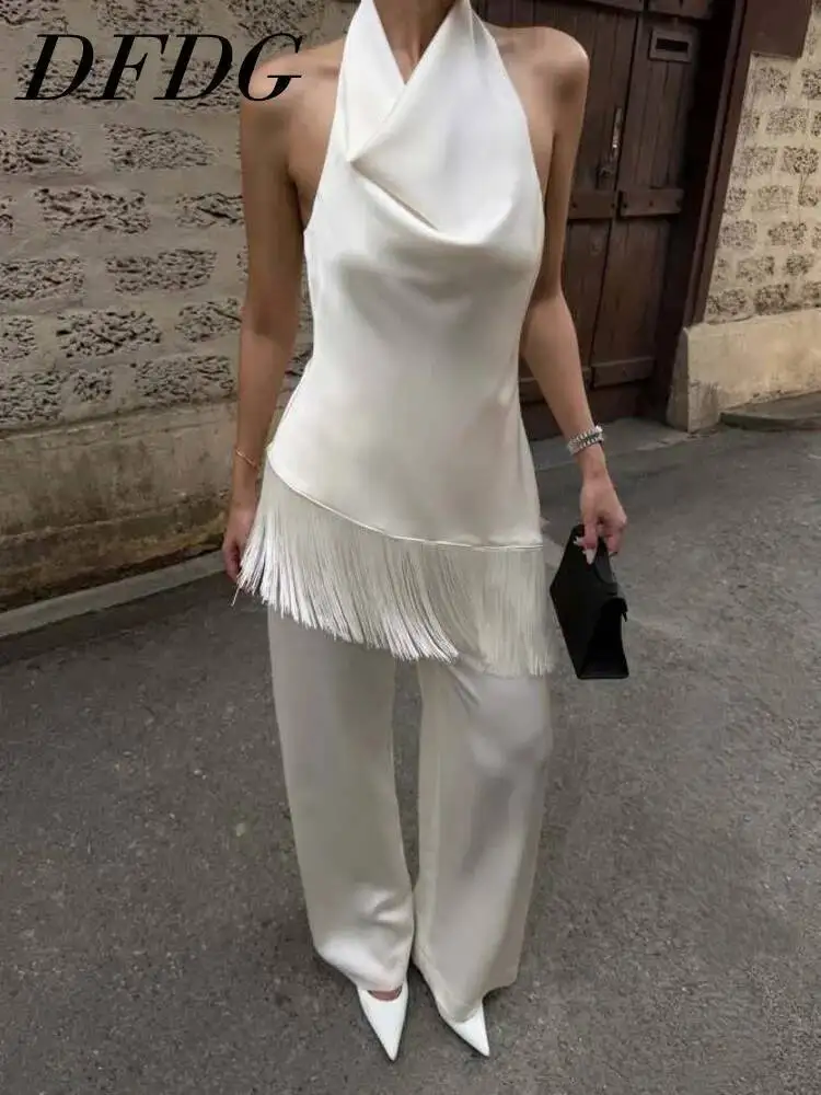 DFDG Women 2026 Spring Summer Satin Two Piece Halter Neck Cowl Neck Fringe Trim Top High Waist Wide Leg Pants Elegant Party Set
DFDG Women 2026 Spring Summer Satin Two Piece Halter Neck Cowl Neck Fringe Trim Top High Waist Wide Leg Pants Elegant Party Set