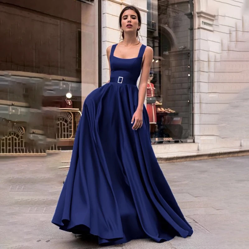 Ladies' ball dress A-shaped long skirt with square collar and belt sleeveless backless satin party formal dress فساتين سهرة
Ladies' ball dress A-shaped long skirt with square collar and belt sleeveless backless satin party formal dress فساتين سهرة