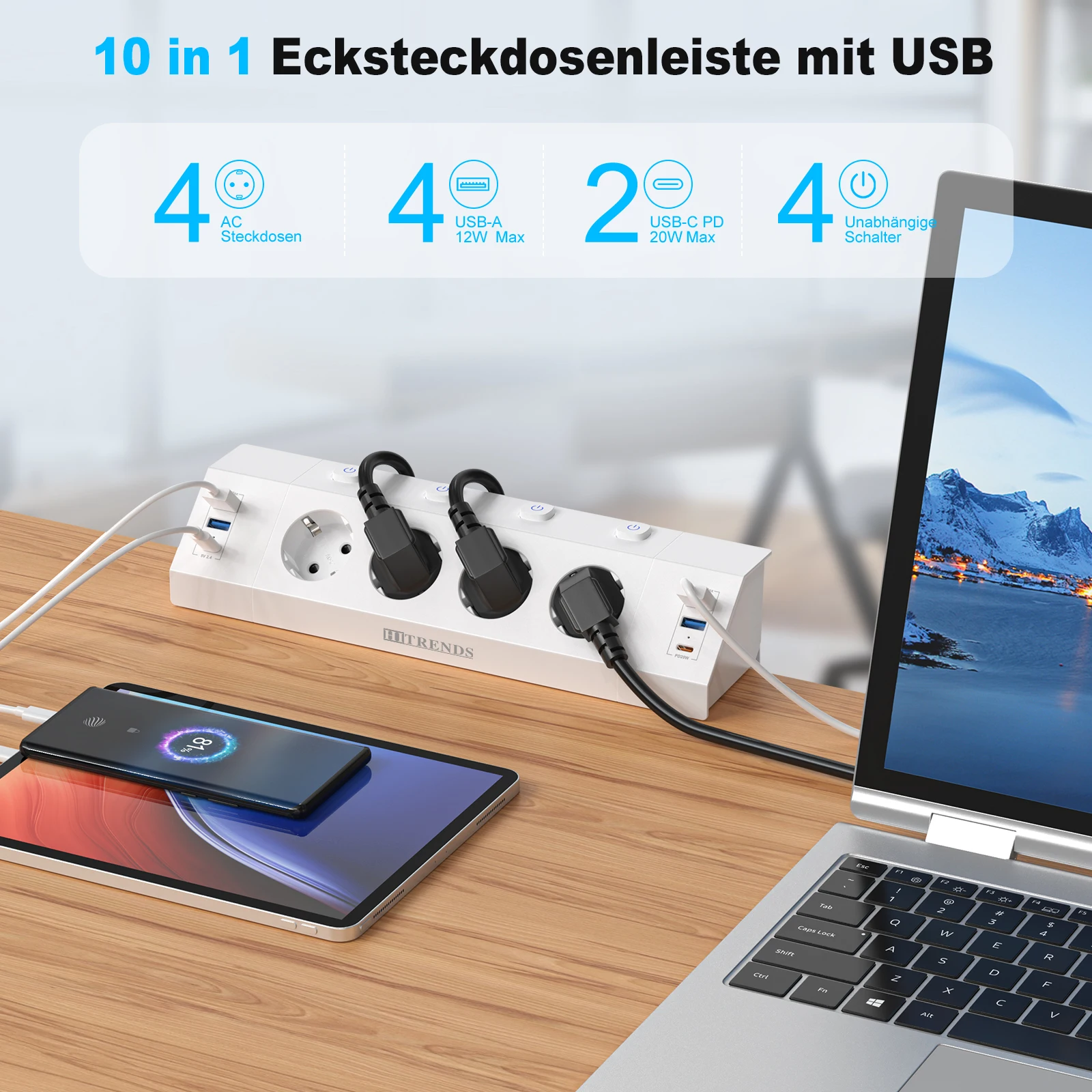 EU plug Desktop Power Strip with 4 USB A 2 Type-C fast charge, 4 Individual switch, mulit Plug Power Socket with 2m cable
EU plug Desktop Power Strip with 4 USB A 2 Type-C fast charge, 4 Individual switch, mulit Plug Power Socket with 2m cable