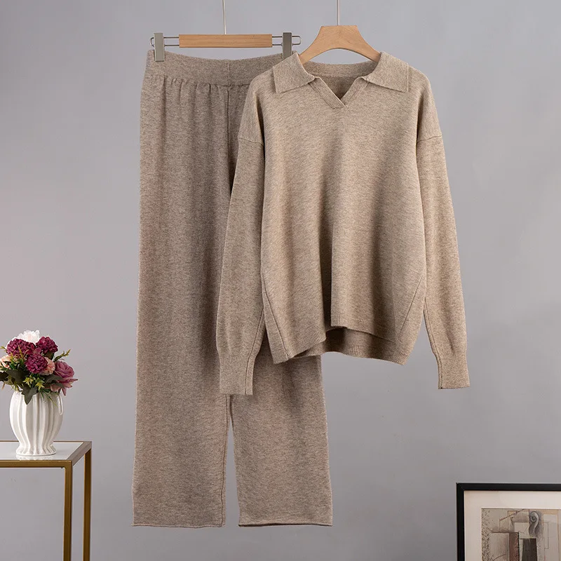 Knit set Autumn/Winter sweater set lapel knit pullover + wide leg pants 2 piece set
Knit set Autumn/Winter sweater set lapel knit pullover + wide leg pants 2 piece set