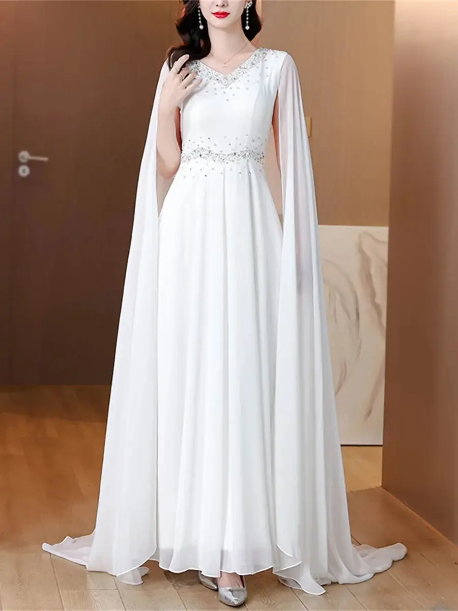 Solid Chiffon Slimming Evening Dresses for Women V Neck Long Cape Shawl Sleeve High Waist Temperament Long Maxi Dress Female New
Solid Chiffon Slimming Evening Dresses for Women V Neck Long Cape Shawl Sleeve High Waist Temperament Long Maxi Dress Female New