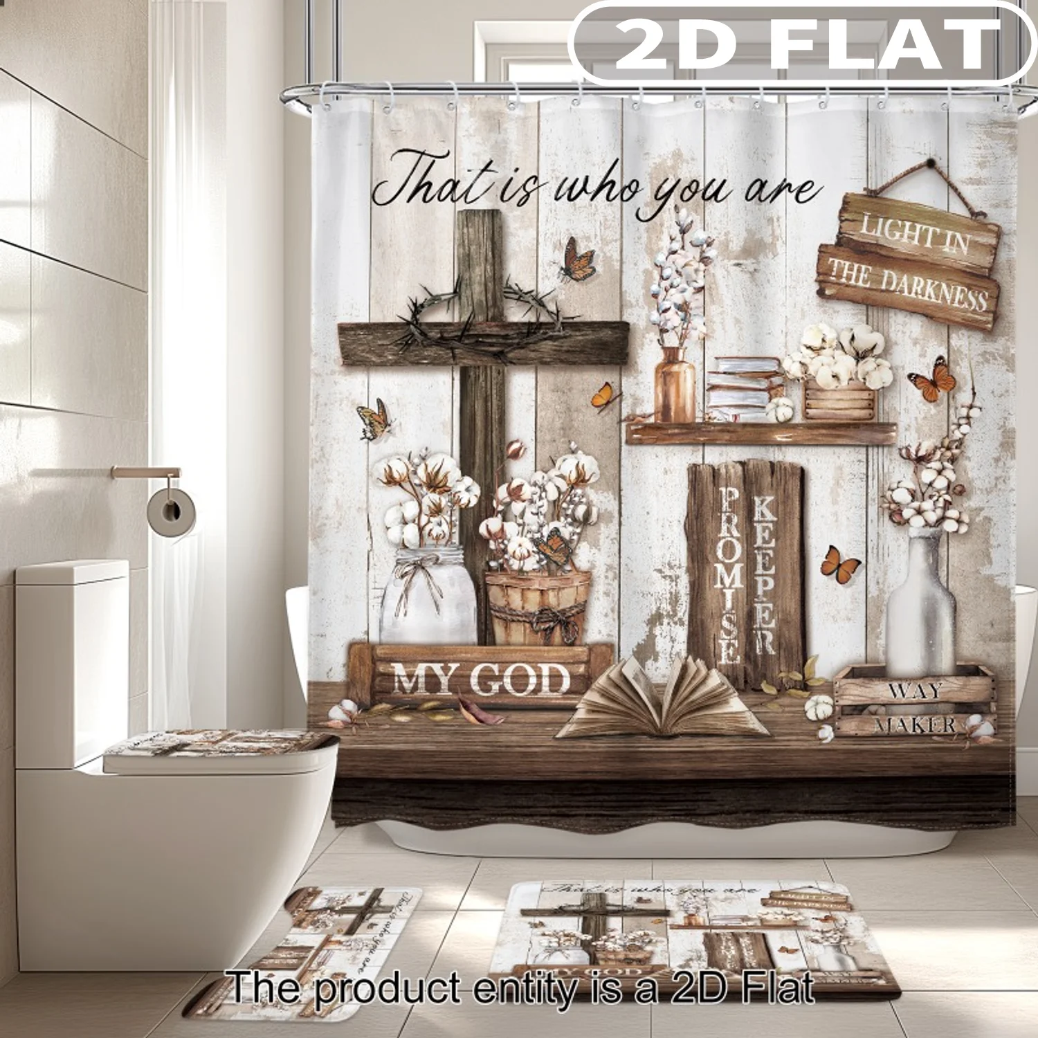 1pc/ 4pcs 2D FLAT Cross And Flowers With Text Pattern Shower Curtain Set, Accessories with Bath Mat, U-shaped Mat, Toilet Lid C
1pc/ 4pcs 2D FLAT Cross And Flowers With Text Pattern Shower Curtain Set, Accessories with Bath Mat, U-shaped Mat, Toilet Lid C