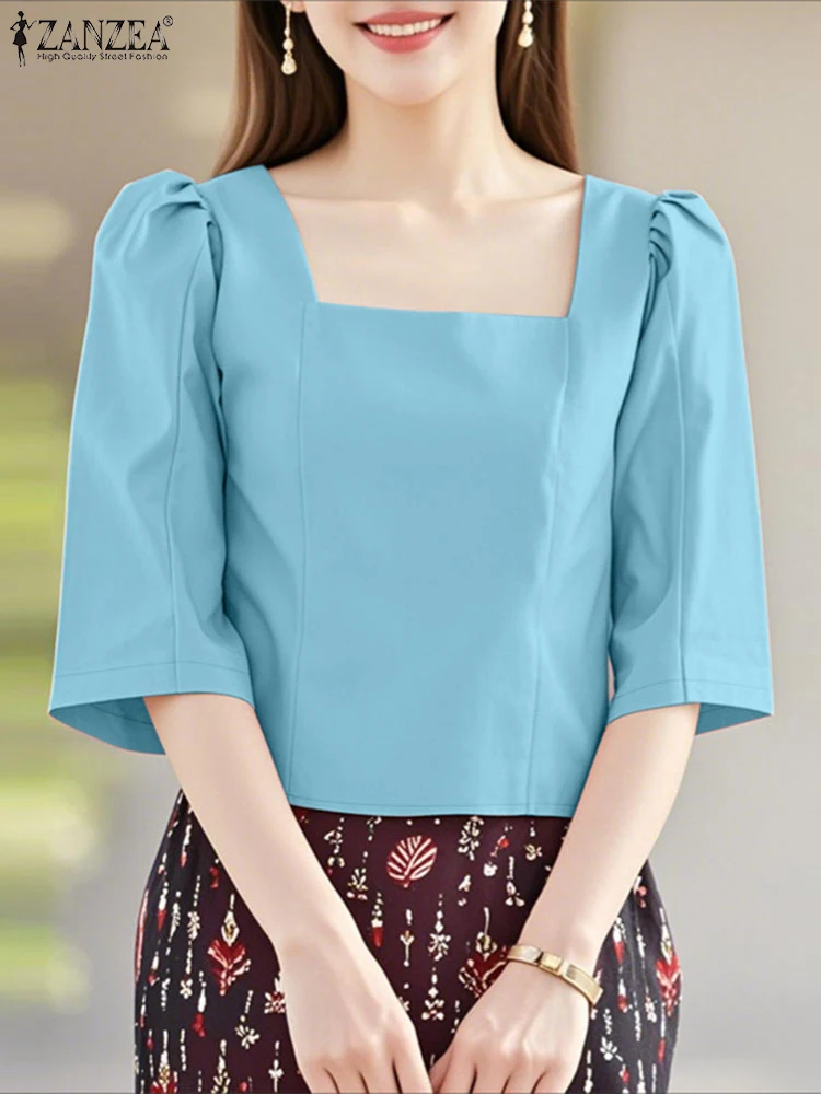 ZANZEA Elegant Women Shiny Satin Blouses Autumn Fashion Square Neck 3/4 Sleeve Blusas Mujer Office Lady Solid Party Short Tops 
ZANZEA Elegant Women Shiny Satin Blouses Autumn Fashion Square Neck 3/4 Sleeve Blusas Mujer Office Lady Solid Party Short Tops