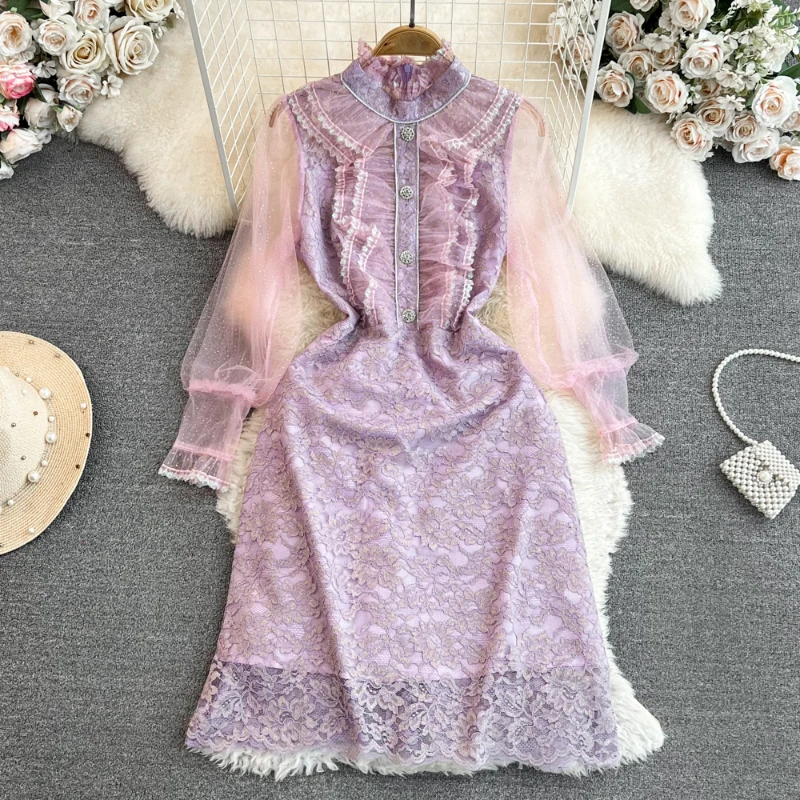 Women's Dress Spring Autumn Vintage Elegant Temperament A-Line Tulle Lace Patchwork Lantern Sleeve Half High Collar Dresses
Women's Dress Spring Autumn Vintage Elegant Temperament A-Line Tulle Lace Patchwork Lantern Sleeve Half High Collar Dresses