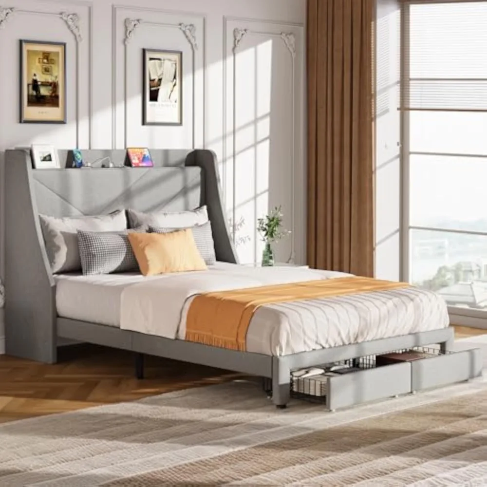 LED Queen Size Bed Frame with Storage Bookcase Headboard, Slide Out Bedside Storage, Charging Station, No Box Spring Needed
LED Queen Size Bed Frame with Storage Bookcase Headboard, Slide Out Bedside Storage, Charging Station, No Box Spring Needed