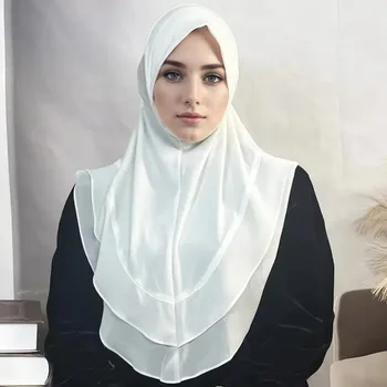 여성용 히잡 즉석 히잡 스카프, 2 레이어 쇼, 짧은 레이스 터번, 적당한 무슬림 기도 히잡 아랍어 Jilbab 팜므 Musulman