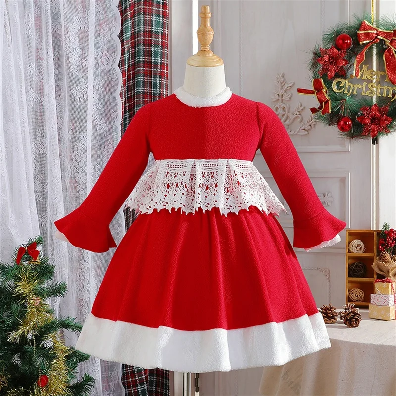 Girls Christmas Red Dress with Plush Lace Detailing Round Neck and Long Sleeves - Festive Winter Princess Outfit for Kids
Girls Christmas Red Dress with Plush Lace Detailing Round Neck and Long Sleeves - Festive Winter Princess Outfit for Kids