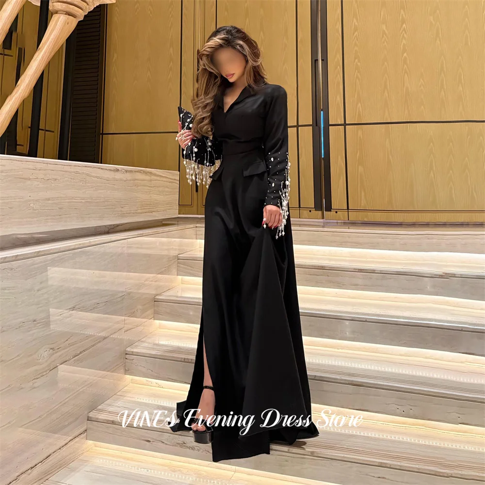 VINES Black Notched Lapel Evening Dress with Beaded Pearl Tassel Sleeves Prom Dress A Line Satin Elegant Formal Gown Customized
VINES Black Notched Lapel Evening Dress with Beaded Pearl Tassel Sleeves Prom Dress A Line Satin Elegant Formal Gown Customized