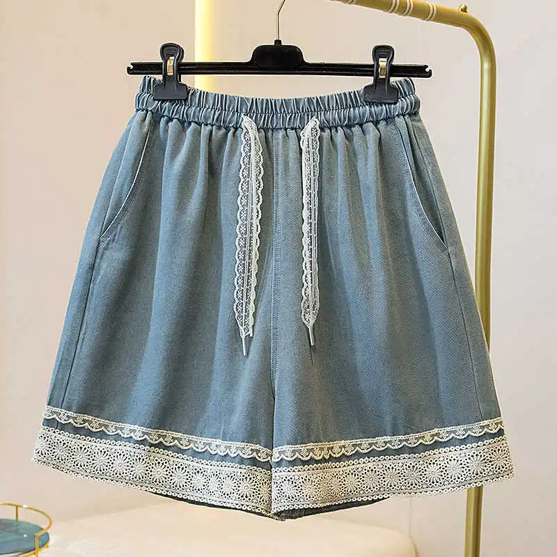 Summer Lace Splice Denim Shorts Women Loose Drawstring Elastic Waist Wide Leg Short Pants Leisure Oversized Female Blue Shorts
Summer Lace Splice Denim Shorts Women Loose Drawstring Elastic Waist Wide Leg Short Pants Leisure Oversized Female Blue Shorts