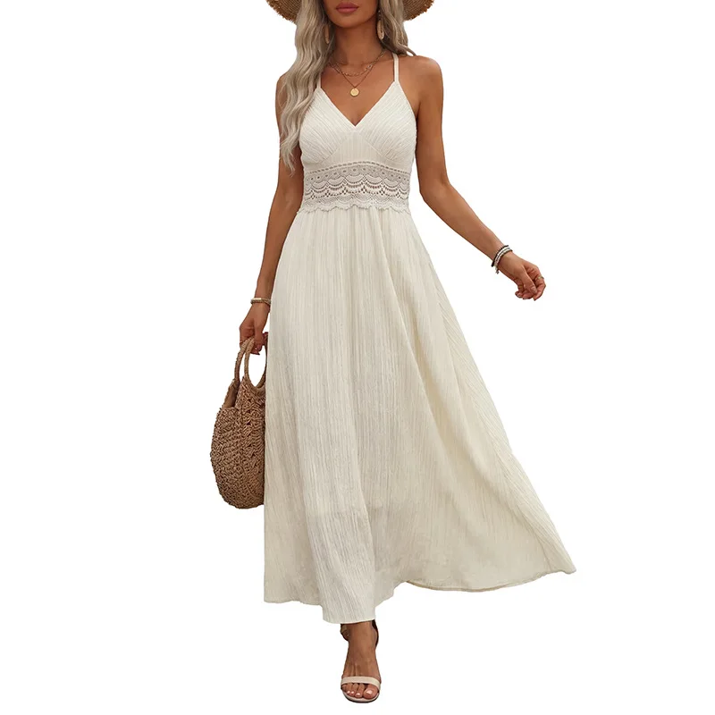 Women's Lace Trim Spaghetti Strap Dress Deep V Neck Sleeveless Patchwork Long Maxi Dress Vacation Beach Casual Party Dress
Women's Lace Trim Spaghetti Strap Dress Deep V Neck Sleeveless Patchwork Long Maxi Dress Vacation Beach Casual Party Dress