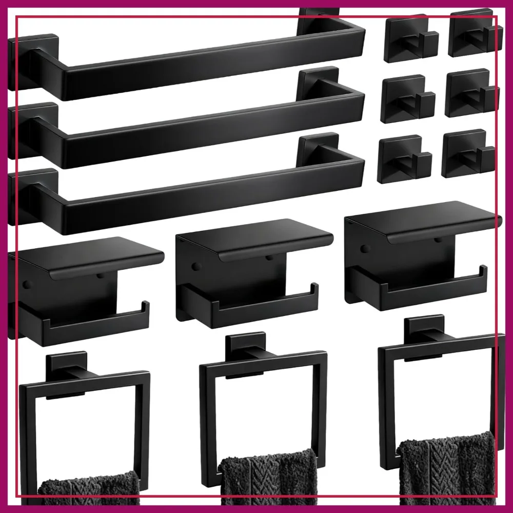 Matte Black 15-Piece Bathroom Hardware Set, Stainless Steel Towel Racks & Toilet Paper Holder with Shelf
Matte Black 15-Piece Bathroom Hardware Set, Stainless Steel Towel Racks & Toilet Paper Holder with Shelf