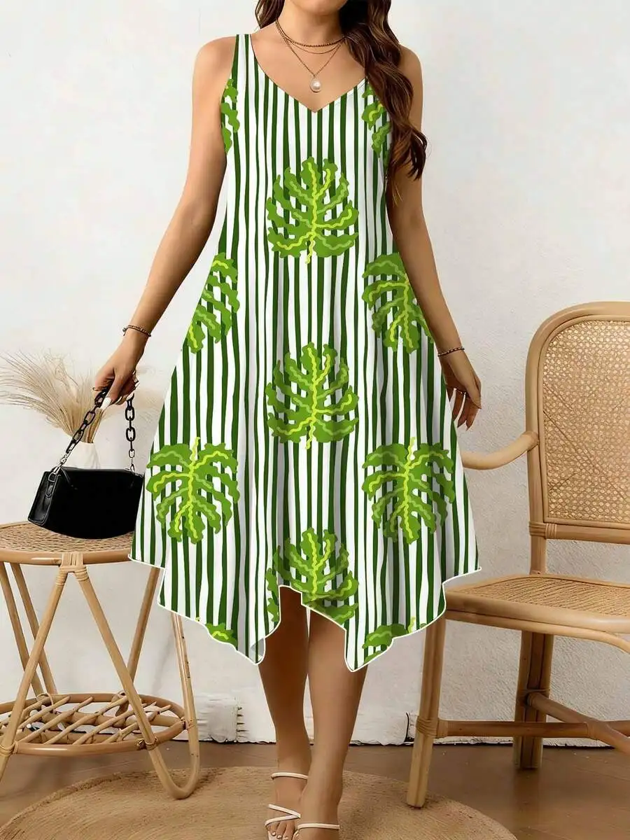 Women V Neck Irregular Hem Dress With Monstera Leaf And Stripe Print Summer Casual Beach Outfit
Women V Neck Irregular Hem Dress With Monstera Leaf And Stripe Print Summer Casual Beach Outfit