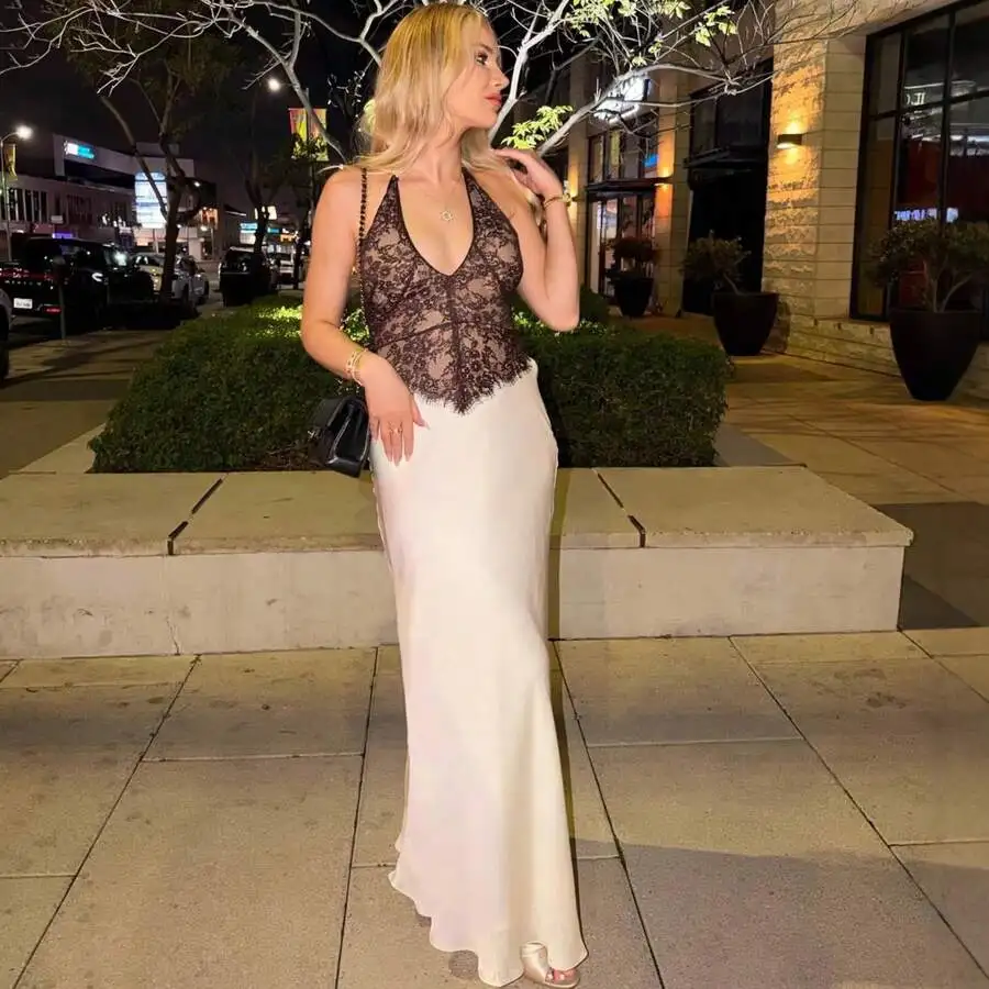 Satin Halter Neck Lace Spliced Long Dress Elegant Party Gown
Satin Halter Neck Lace Spliced Long Dress Elegant Party Gown