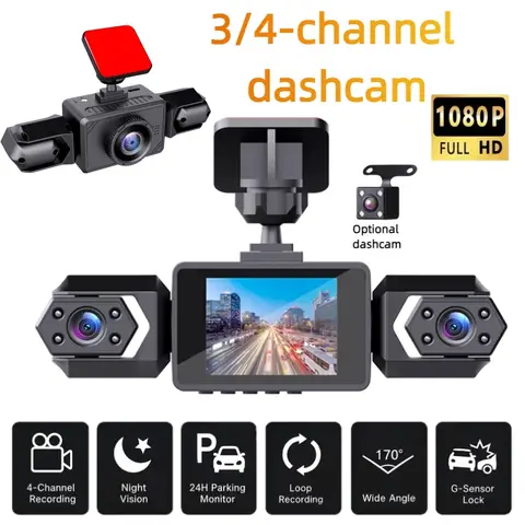 3/4CH Dash Cam, 1080P+720P Multi-Lens, IR Night Vision, Auto Loop Recording Universal Car Fit