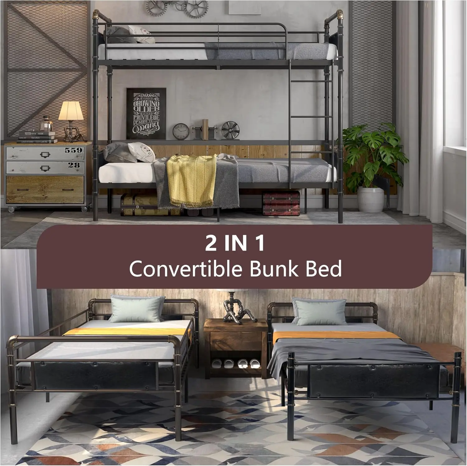 2 IN 1 Metal Bunk Bed Twin Over Twin, Convertible Twin Bunk Beds into 2 Individual Twin Size Bed for Kids Adults
2 IN 1 Metal Bunk Bed Twin Over Twin, Convertible Twin Bunk Beds into 2 Individual Twin Size Bed for Kids Adults