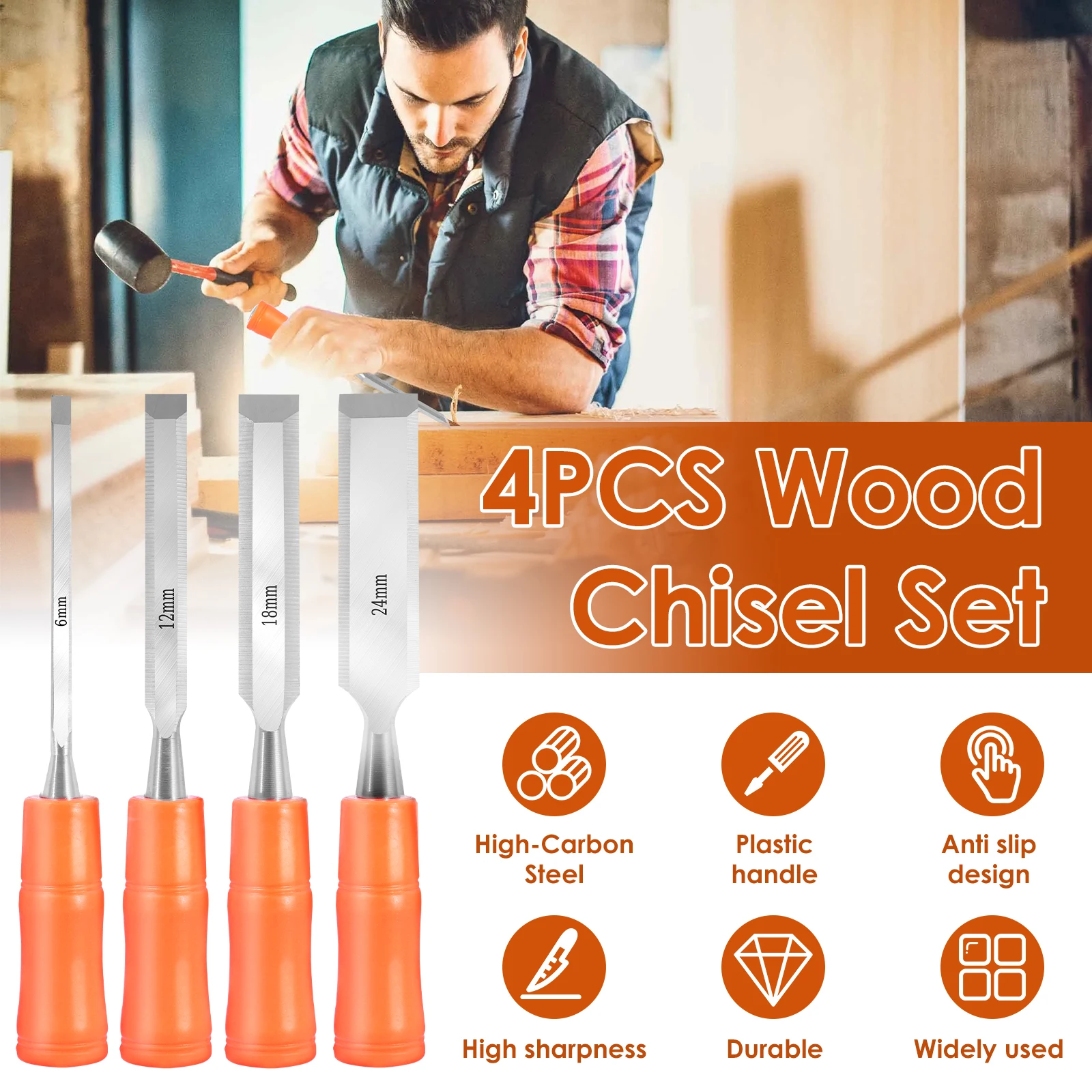 4Pcs Wood Chisel Set Carbon Steel Woodworking Chisel Tool with Beveled Blade 6/12/18/24mm Sturdy Carpenter Chisel Hand Tool
4Pcs Wood Chisel Set Carbon Steel Woodworking Chisel Tool with Beveled Blade 6/12/18/24mm Sturdy Carpenter Chisel Hand Tool