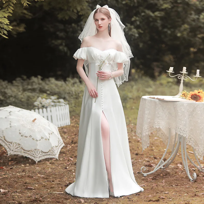 Elegant Satin Wedding Dress Off the Shoulder Short Sleeves Beads Silt Front Boho Bridal Gowns French Vestidos De Noiva
Elegant Satin Wedding Dress Off the Shoulder Short Sleeves Beads Silt Front Boho Bridal Gowns French Vestidos De Noiva