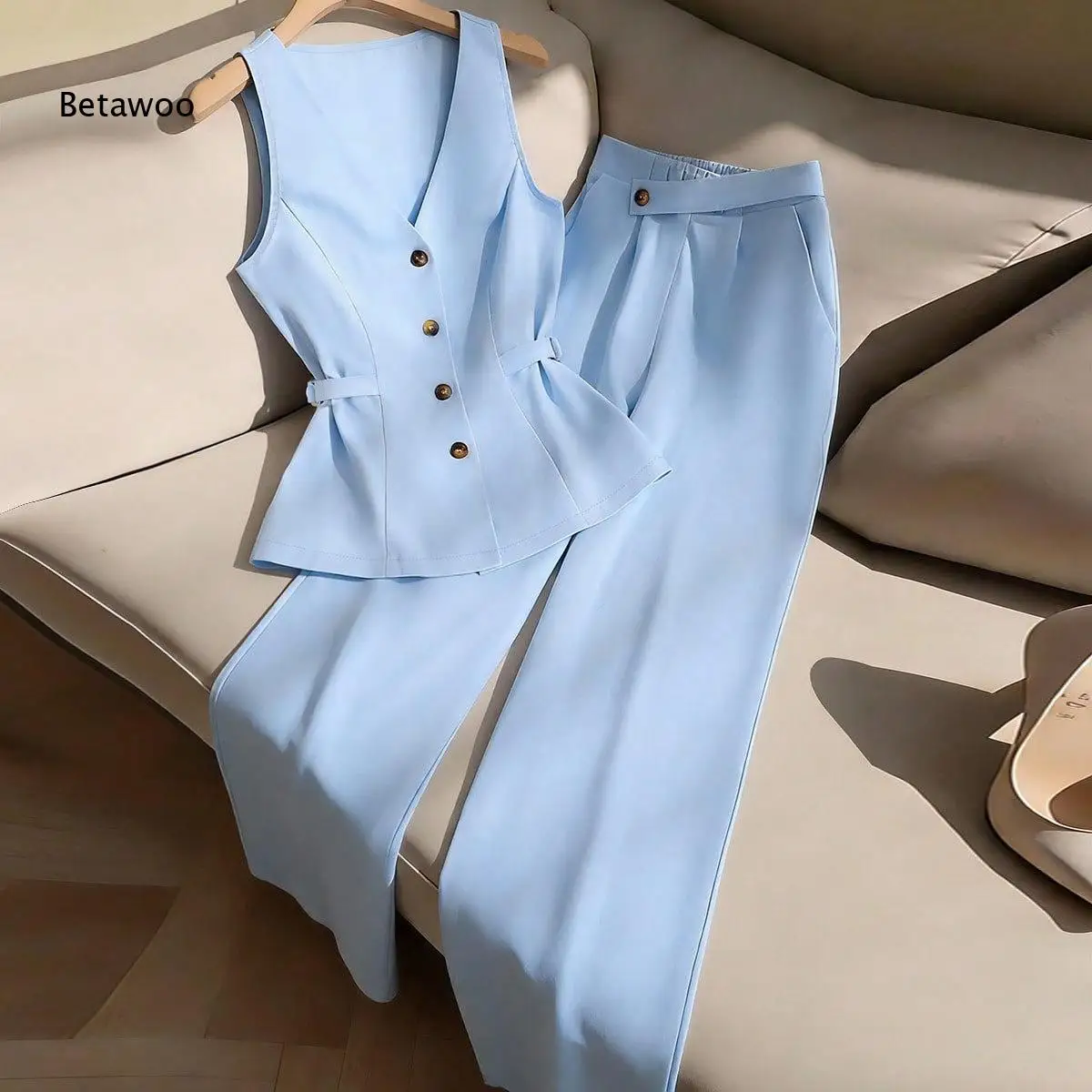 Slim Fit Waistcoat Matching Pleated High Waist Full Length Wide Leg Pants Solid Tone Casual Two Piece Set
Slim Fit Waistcoat Matching Pleated High Waist Full Length Wide Leg Pants Solid Tone Casual Two Piece Set