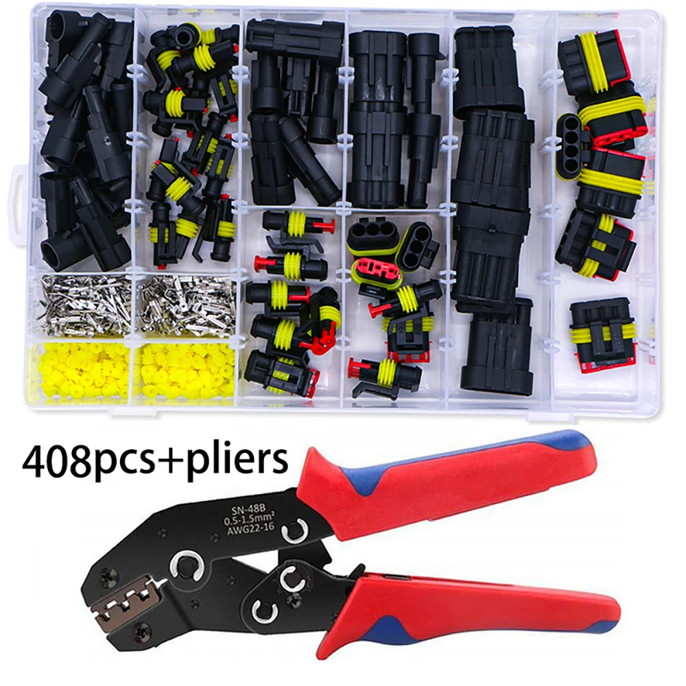 408pcs Waterproof Automotive Electrical Wire Connectors Plug Kit 1/2/3/4 Pin Waterproof Connectors with Ratchet Crimping Tool
408pcs Waterproof Automotive Electrical Wire Connectors Plug Kit 1/2/3/4 Pin Waterproof Connectors with Ratchet Crimping Tool