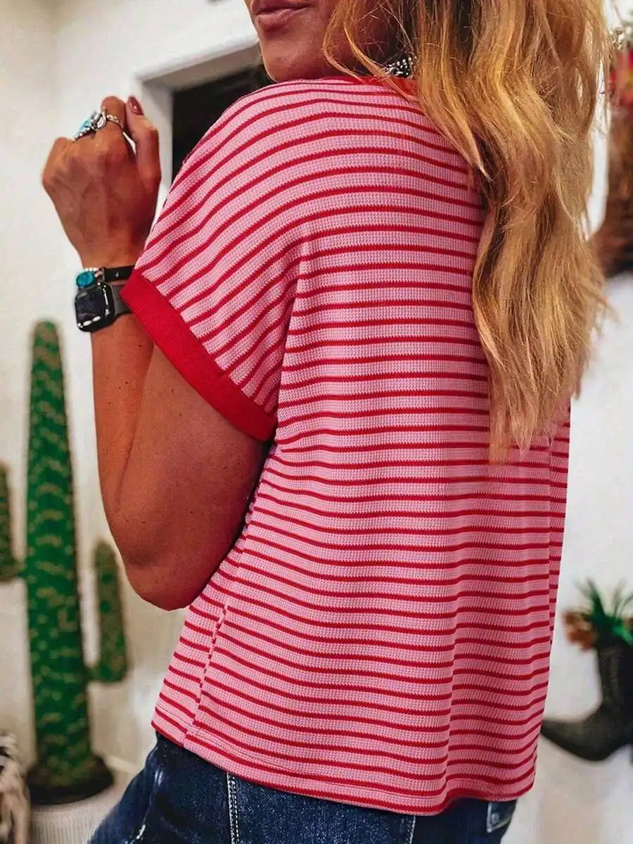 Summer Striped Contrast Shoulder Short Sleeve Knitted Casual Round Neck T-Shirt
Summer Striped Contrast Shoulder Short Sleeve Knitted Casual Round Neck T-Shirt