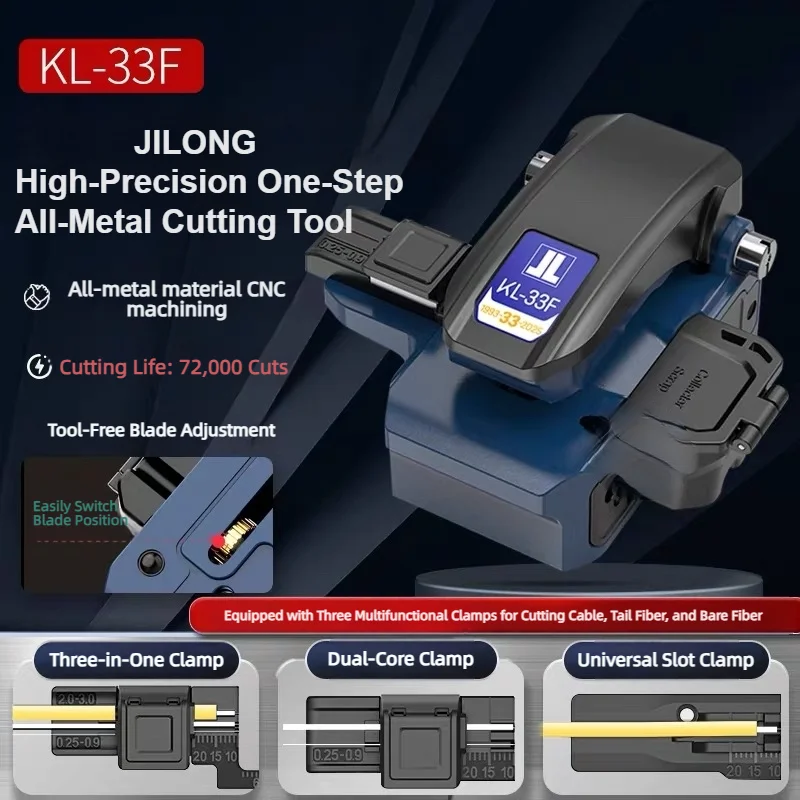 Original JILONG KL-33F High Precision One-step Optical Fiber Cleaver All-metal Materia 72000times Blade Cleaving With 3 fixtures
Original JILONG KL-33F High Precision One-step Optical Fiber Cleaver All-metal Materia 72000times Blade Cleaving With 3 fixtures