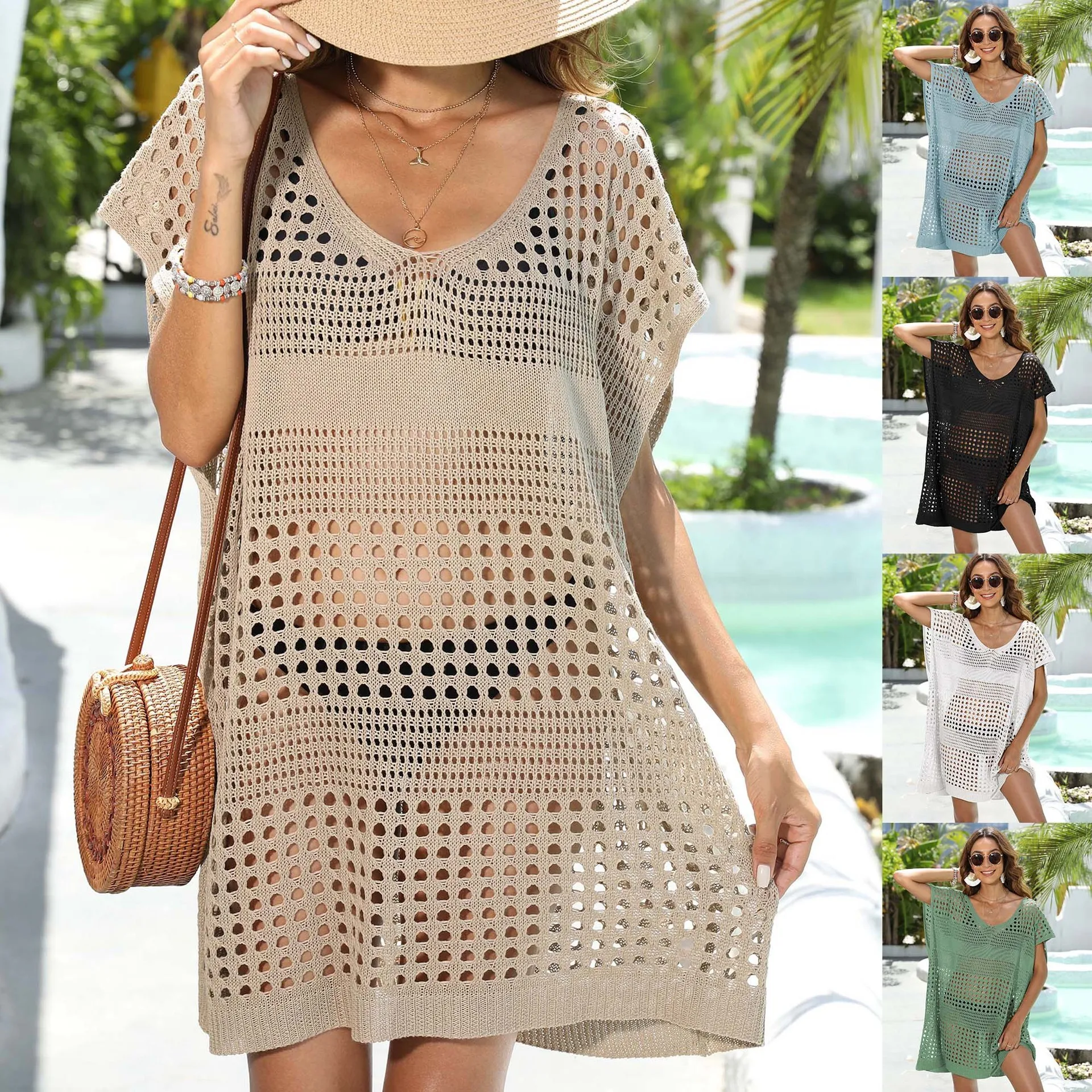 Boho Clothing Crochet Knit Cover-up Beach V Neck Dress Beige Swim Oversized Dress
Boho Clothing Crochet Knit Cover-up Beach V Neck Dress Beige Swim Oversized Dress