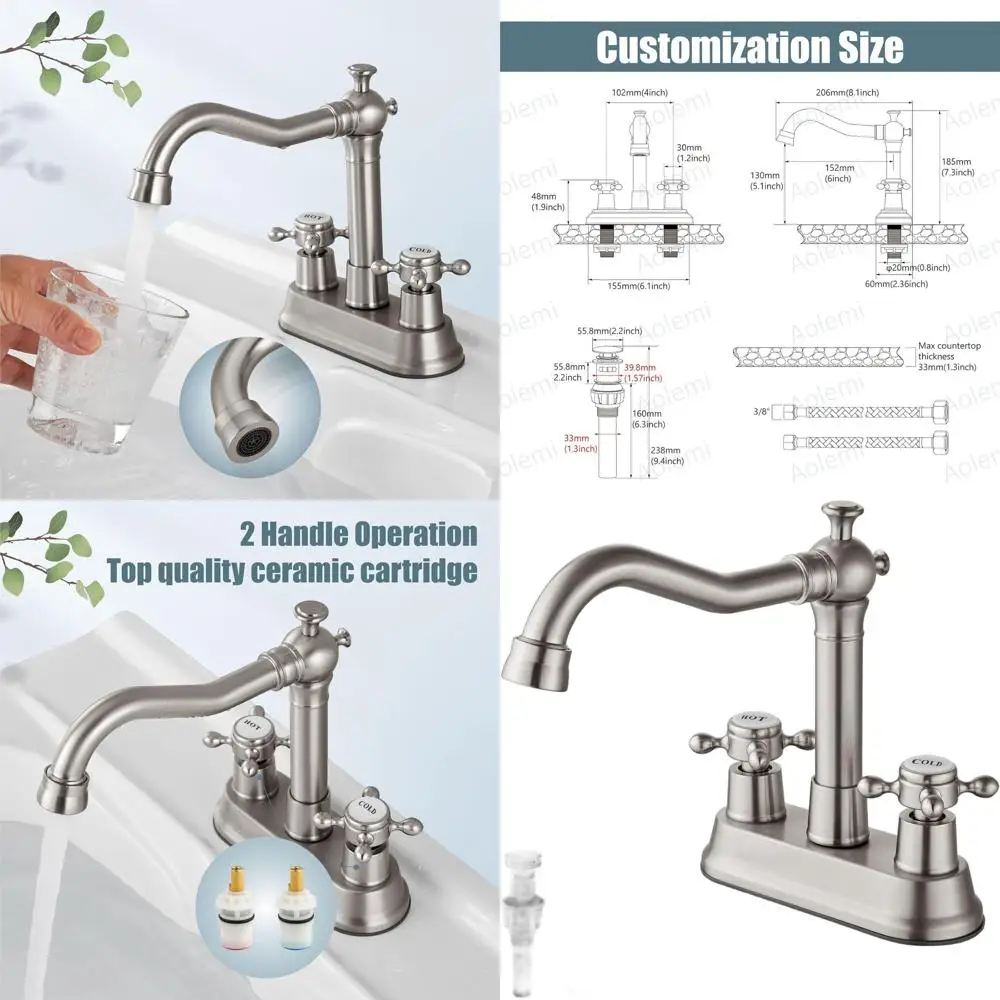Vintage 4 Centerset Faucet with 2 Cross Handles, Mixer Tap for Basin, Vanity, and Utility Sinks, Includes Hose & Pop-Up Drain in
Vintage 4 Centerset Faucet with 2 Cross Handles, Mixer Tap for Basin, Vanity, and Utility Sinks, Includes Hose & Pop-Up Drain in