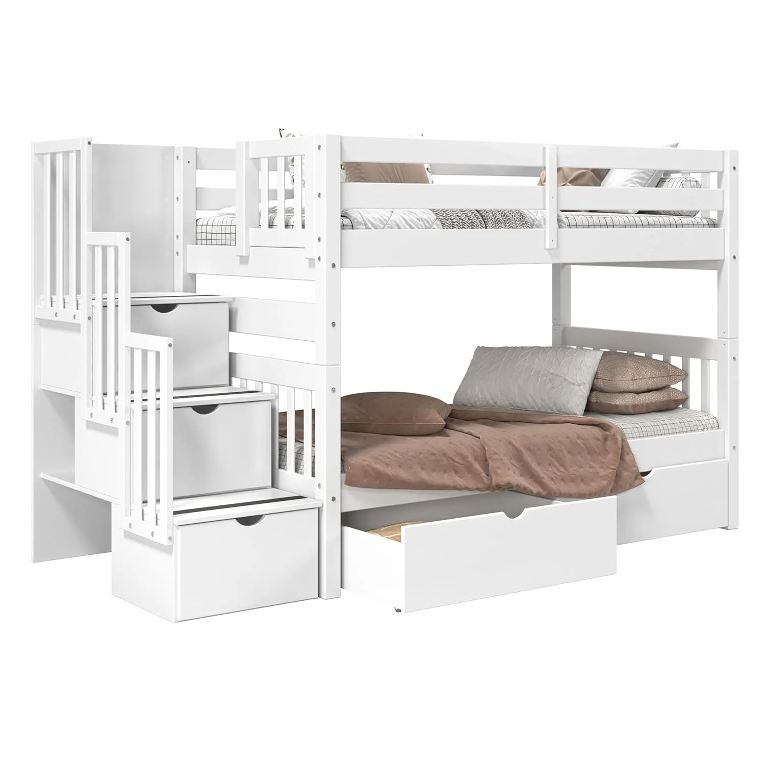 3-Step Storage Stairway Twin-Over-Twin Bunk Bed White Wood Frame,
3-Step Storage Stairway Twin-Over-Twin Bunk Bed White Wood Frame,