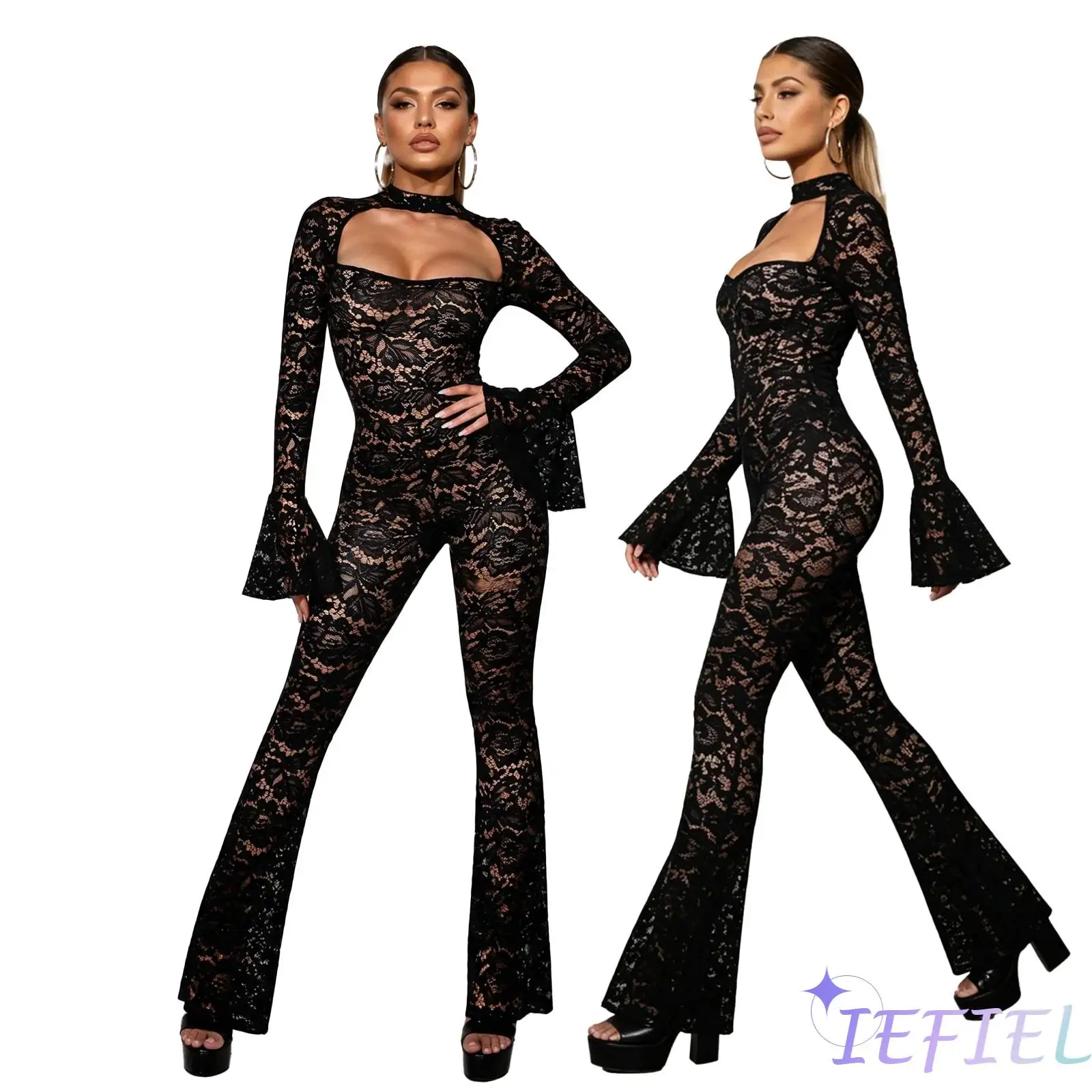 Floral Lace Jumpsuit for Women See Through Liner Keyhole Cutout Long Sleeve Flared Cuffs Wide Leg Romper for Dance Party Club
Floral Lace Jumpsuit for Women See Through Liner Keyhole Cutout Long Sleeve Flared Cuffs Wide Leg Romper for Dance Party Club