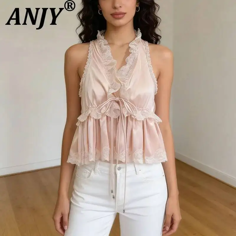 ANJY Summer New Women Elegant Halter Neck Lace Patchwork Pleated Lace-Up Vest Fashion Ins Solid Color Slim Sleeveless Top A22275
ANJY Summer New Women Elegant Halter Neck Lace Patchwork Pleated Lace-Up Vest Fashion Ins Solid Color Slim Sleeveless Top A22275