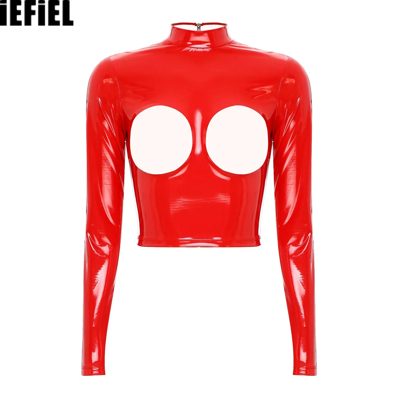 Womens Glossy Patent Leather Top Mock Neck Long Sleeve Hollowing Breast Back Zipper Sexy Bodycon Top for Nightclub Party
Womens Glossy Patent Leather Top Mock Neck Long Sleeve Hollowing Breast Back Zipper Sexy Bodycon Top for Nightclub Party