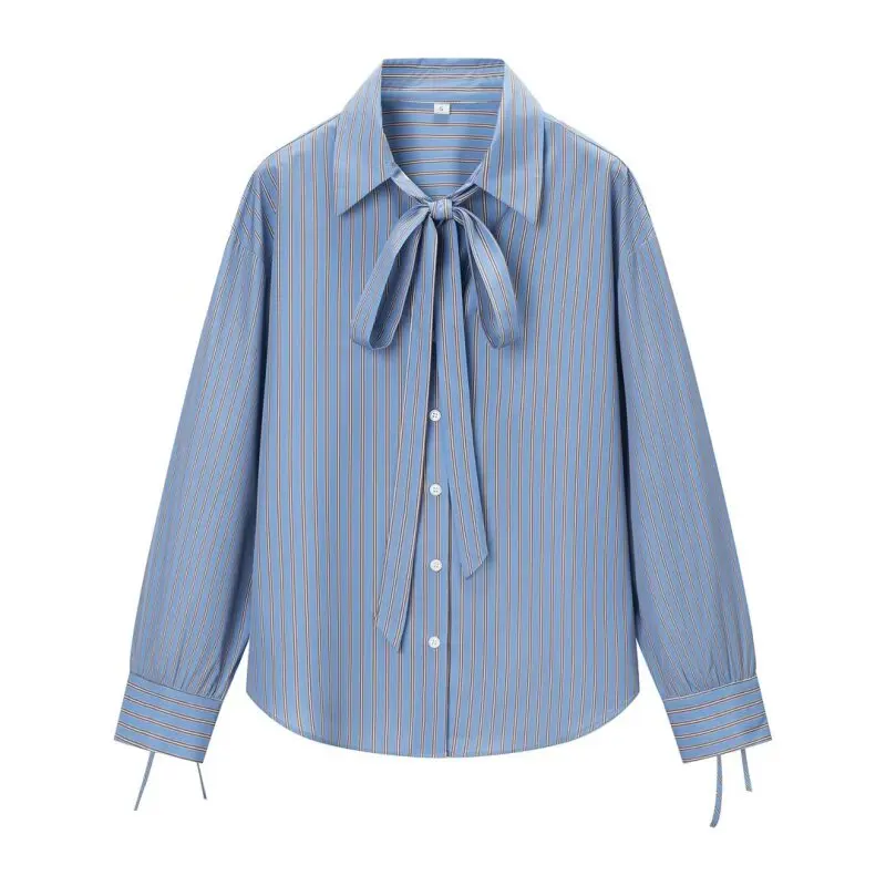 Women's Spring Fashion Blue Striped Bow Tie Shirt, Lapel Collar Long Sleeve Blouse, Preppy Style for Office Work and Casual
Women's Spring Fashion Blue Striped Bow Tie Shirt, Lapel Collar Long Sleeve Blouse, Preppy Style for Office Work and Casual