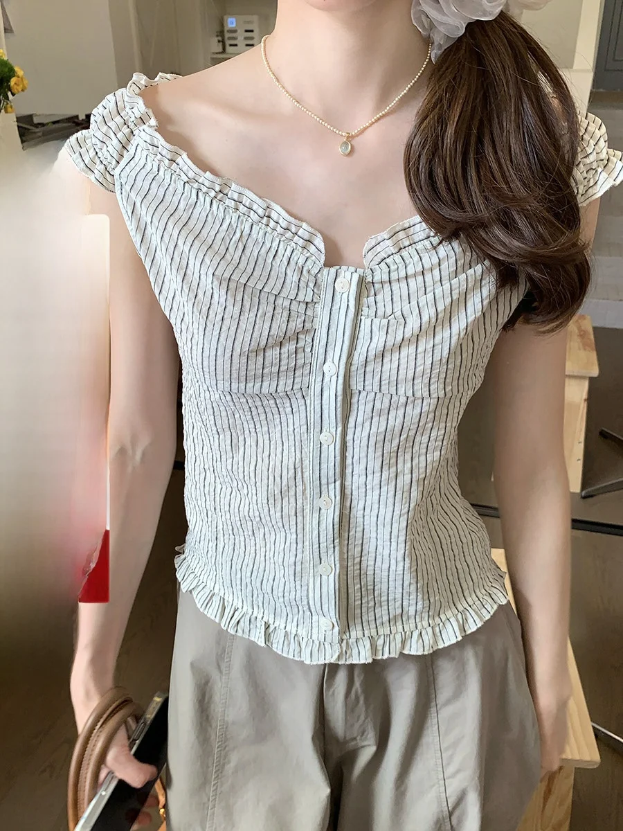 Holli Korean Sle Vintage Versatile Wooden Ear Square Collar Slimming Striped Women's irt Summer New Arrival
Holli Korean Sle Vintage Versatile Wooden Ear Square Collar Slimming Striped Women's irt Summer New Arrival