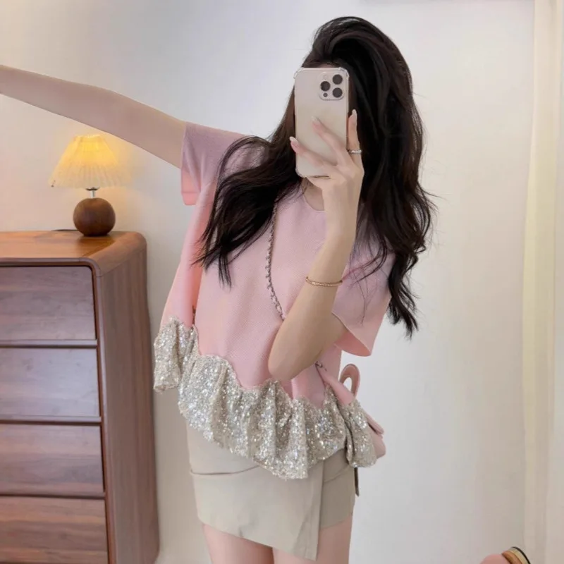 Miyake Pleated Fashion Casual Women's T-shirt 2025 Summer New Elastic Loose Sequins Splicing Hem Design Round Neck Pullover Tops
Miyake Pleated Fashion Casual Women's T-shirt 2025 Summer New Elastic Loose Sequins Splicing Hem Design Round Neck Pullover Tops
